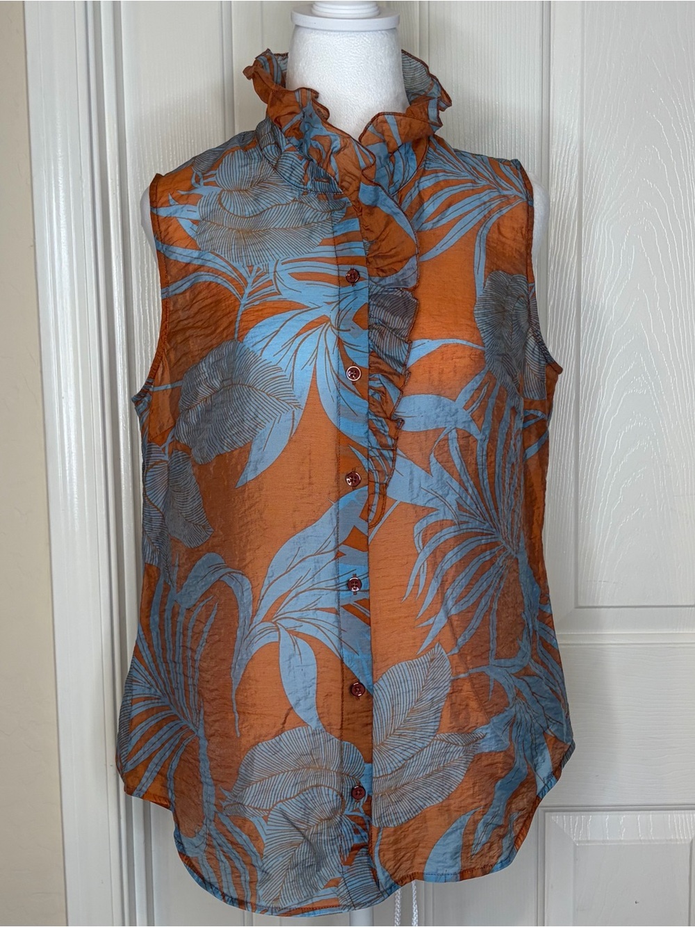 CAbi Sheer Blouse in Rust & Slate Blue Tropical print. - Picture 3 of 8